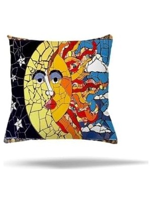 MWX Teknoloji Pelangi Mozaik Güneş Ay Etnik Desen Gizli Fermuarlı Yastık Kılıfı Kırlent Kılıfı Koltuk Yastık Kılıfı, Sarı-Kırmızı 45 x 45