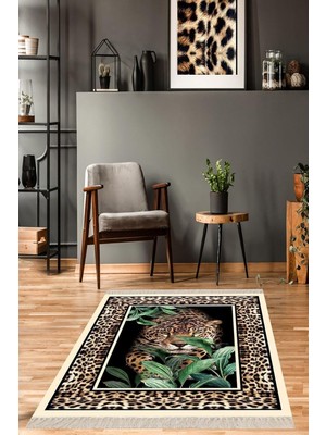 MWX Teknoloji Pelangi Leopar Desenli Dijital Baskı Yıkanabilir Kaymaz Taban Modern Salon Halısı, Kahverengi 120 x 180