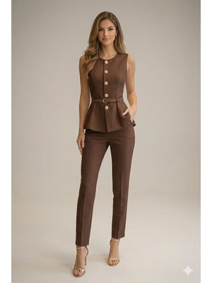 Lifera Gold Düğme Detaylı Peplum Yelek ve Kalem Pantolon Ikili Takım, Ceket- Pantolon Takım