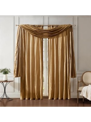 MWX Teknoloji Fashions Venedik Ipek Çift Çubuk Cep Perde Panelleri Eşarp Saçaklı - 3'lü Set - Panel 132 cm x 213 Cm, Altın (2 Panel - 1 Eşarp)