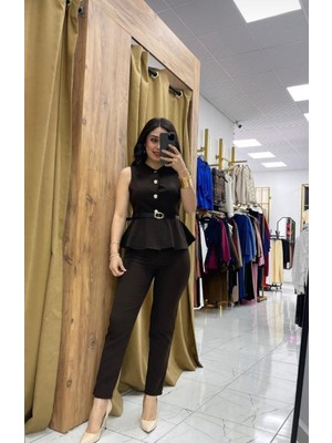 Lifera Gold Düğme Detaylı Peplum Yelek ve Kalem Pantolon Ikili Takım, Ceket- Pantolon Takım