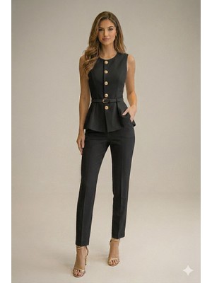 Lifera Gold Düğme Detaylı Peplum Yelek ve Kalem Pantolon Ikili Takım, Ceket- Pantolon Takım
