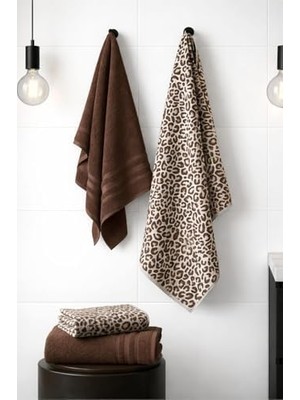 MWX Teknoloji 4 Parça Lüks Banyo Havlu Seti Leopar Desenli 2 Adet 70X140CM 2 Adet 50X90CM Kahve Kombin, 4lu-Leopar-Kahvekombın