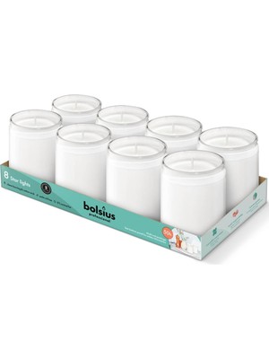 MWX Teknoloji Bolsius Starlight Beyaz Renkli Cam Kavanozda Beyaz Mum - Vegan Dostu - Akşam Yemeği, Ev, Dekorasyon, Düğün - 82/68MM - 50 Saat Yanma Süreli - 8’li Paket