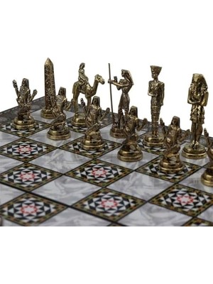 MWX Teknoloji Metal Mısır Satranç Takımı Parlak ve Katlanır Sedef Desenli Mdf Ahşap Satranç Tahtası (43X43 Cm.)