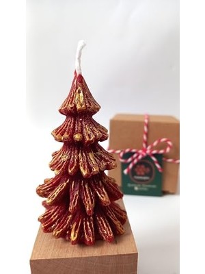 MWX Teknoloji Doğal Petek Mum Kırmızı Altın Simli Çam Ağacı Boy 8.5 cm Bal Mumu Beeswax Candle