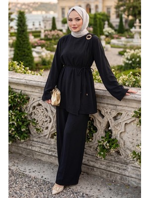 Hafsa Mina Omuzdan Toka Detaylı Modal Takım Siyah HM2919