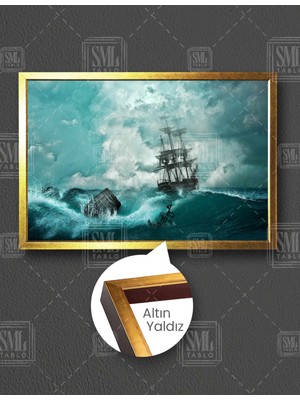 SML Tablo Dalgalarla Boğuşan Gemi Yalkenli Fırtına Çapa Deniz Manzara Doğa Dalga Yatay Çerçeveli Kanvas Tablo