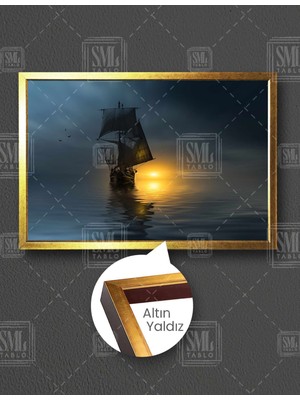SML Tablo Gün Batımı Yalkenli Gemi Doğa Manzara Yatay Çerçeveli Kanvas Tablo