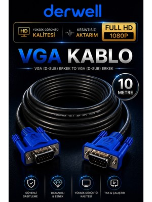 Derwell 10 Metre VGA Kablo Full Hd 1080P Kesintisiz Aktarım D-Sub Erkek To Erkek Altın Uçlu Dayanıklı Monitör Projeksiyon Bilgisayar Ekran Görüntü Aktarıcı Kablosu Çift Vidalı Güvenli Sabitleme
