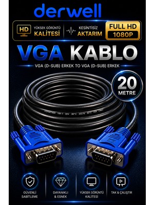 Derwell 20 Metre VGA Kablo Full Hd 1080P Kesintisiz Aktarım D-Sub Erkek To Erkek Altın Uçlu Dayanıklı Monitör Projeksiyon Bilgisayar Ekran Görüntü Aktarıcı Kablosu Çift Vidalı Güvenli Sabitleme