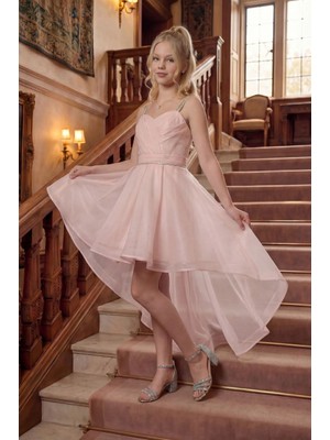 Butik Happy Kids Kız Çocuk Abiye Pudra   Taş Kordon Askılı Kalp Yaka  kuyruklu  Şifon Abiye Elbise 10-15  Yaş