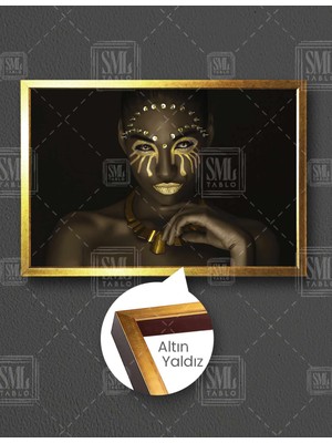SML Tablo Altın Takılı Afrikalı Kadın Gold Woman Makyaj Yatay Çerçeveli Kanvas Tablo