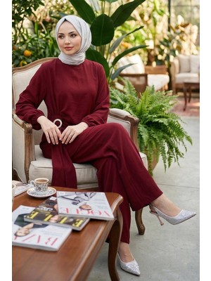 Hafsa Mina Yandan Tokalı Pantolonlu Modal Takım Bordo HM2900