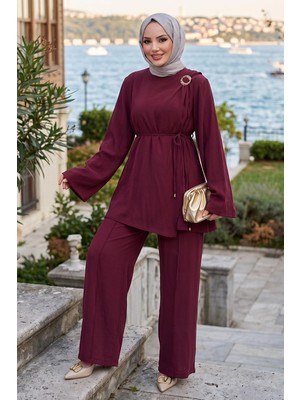 Hafsa Mina Omuzdan Toka Detaylı Modal Takım Bordo HM2919