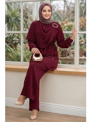 Hafsa Mina Yandan Tokalı Pantolonlu Ayrobin Takım Bordo HM2901