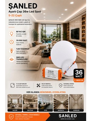 Ayarlı Çap 36W Beyaz Işık LED Spot (5-22 Çaplı ) 1 Adet