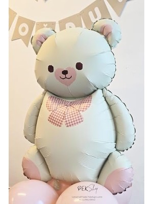 Sayemons Papyonlu Retro Krem Ayı Balon Pembe Detaylı Retro Ayı Folyo Balon