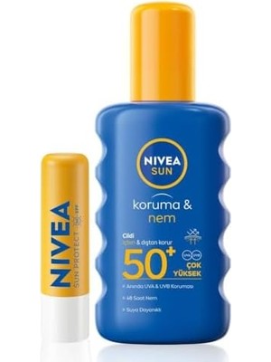 Sayemons Sun Koruma ve Nem Vücut Spreyi 200ML ve Yüksek Güneş Korumalı Dudak Bakım Kremi, SPF50, Çanta Hediye