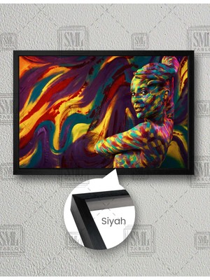 SML Tablo Dans Eden Kadın Renkli Vücut Boyası Paint Woman Nü Yatay Çerçeveli Kanvas Tablo