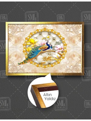 SML Tablo Altın Dala Konmuş Tavus Kuşu Çifti Modern Dekoratif Yatay Çerçeveli Kanvas Tablo