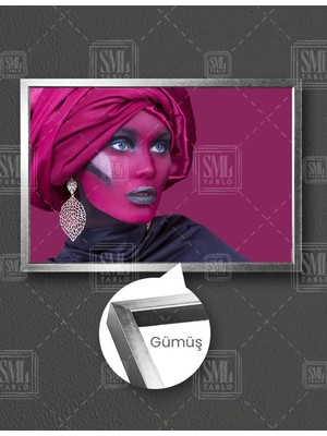 SML Tablo Pembe Eşarplı Küpeli Kadın Makyaj Woman Yatay Çerçeveli Kanvas Tablo