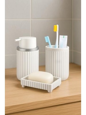 Sayemons Serisi Beyaz Banyo Seti, 3 Parça Oval Akrilik Sabunluk Fırçalık ve Sıvı Sabunluk Takımı - 3319