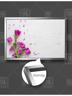 SML Tablo Pembe Çiçek Yaprak Modern Dekoratif Yatay Çerçeveli Kanvas Tablo