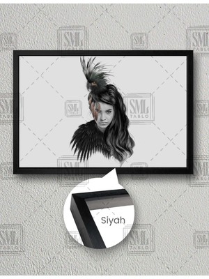 SML Tablo Kuş Saçlı Kadın Woman With Bird Hair Siyah Kuş Karga Yatay Çerçeveli Kanvas Tablo