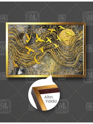 SML Tablo Altın Güvercinler Kuş Doğa Manzara Gold Modern Dekoratif Yatay Çerçeveli Kanvas Tablo