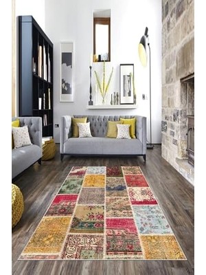 Sayemons Patchwork Çiçek Desenli Yıkanabilir Kaymaz Taban Leke Tutmaz Modern Salon Halısı ve Yolluk Ayhpatch, Pembe-Bej, 80 x 600
