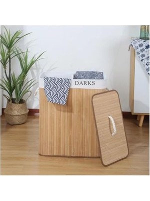 Sayemons Bambu Katlanabilir Kirli Çamaşır Sepeti, Kapaklı, Yıkanabilir Astar 32X52X60 Siyah-Beyaz Kirli-Temiz Bölmeli Çamaşır Sepeti