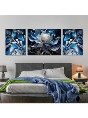 Sayemons 3lü Kanvas Şık Salon Duvar Tablosu Mavi Gri Beyaz Çiçek Dizayn, 30 x 40