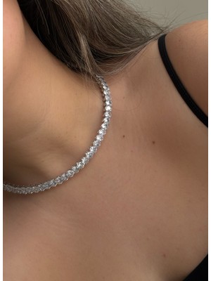 Owentis Çelik Silver Kalp Zirkon Taşlı Yoğun Işıltılı Nancy Choker Kolye -Kararma Yapmaz-