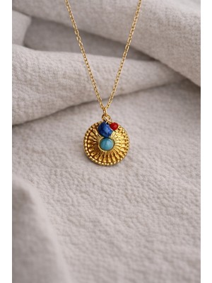 Owentis Çelik Gold Firuze Taşlı Etnik Model Bria Kolye -Kararma Yapmaz-