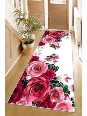 Sayemons Pelangi Gül Desenli Dijital Baskı Yıkanabilir Kaymaz Taban Salon Halısı ve Yolluk (Gri), Pembe-Beyaz 100 x 350, 95541301003507
