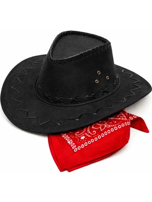 Uravas Store Mey Ithalat® Çocuk Kovboy Şapka Siyah &amp; Kırmızı Bandana Fular Seti