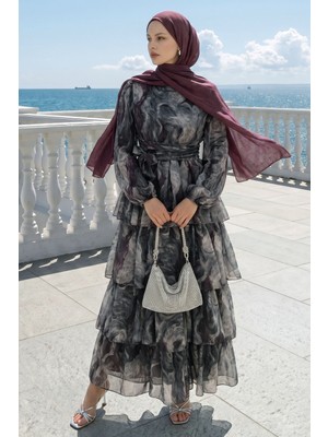 inStyle Bohem Desen Katlı Kuşaklı Antrasit-Mor Elbise