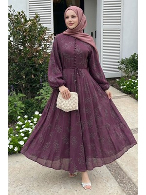 inStyle Düğme Detaylı Çiçekli Mürdüm Elbise
