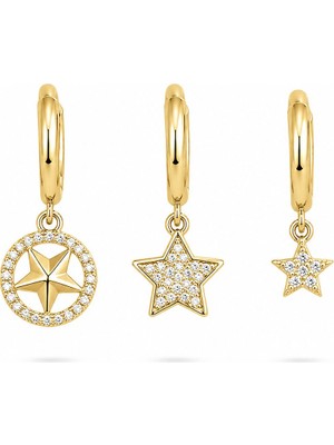 Serelya Pirinç Zirkon Taşlı Yıldız Model Gold Renk 3'lü Çift Kadın Küpe Set