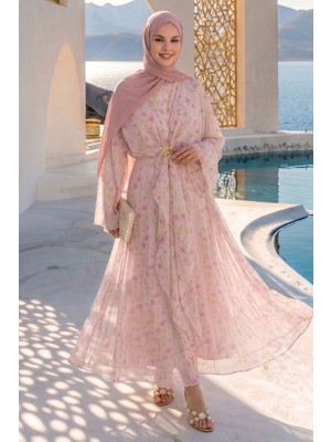 inStyle Bolerolu Tokalı Çiçek Desen Pudra Elbise