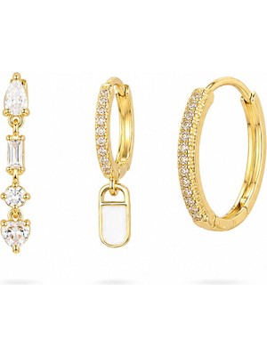 Serelya Pirinç Zirkon Taşlı Sallantılı Model Gold Renk 3'lü Çift Kadın Küpe Set