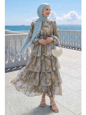 inStyle Bohem Desen Katlı Kuşaklı Bej Elbise