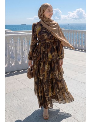 inStyle Bohem Desen Katlı Kuşaklı Kahverengi Elbise