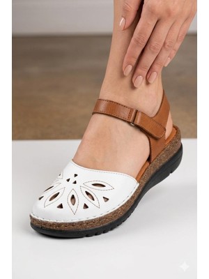 Shoemix Kadın Beyaz Hakiki Deri Lazer Kesim Konfor Anatomik Taban Sandalet ve Ayakkabı