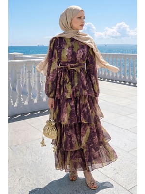inStyle Bohem Desen Katlı Kuşaklı Mürdüm Elbise