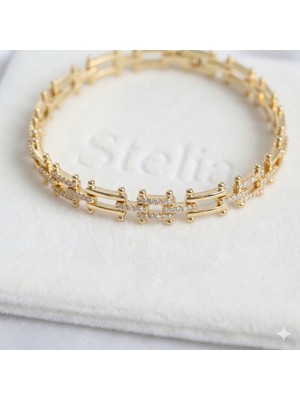 Stelia Pirinç Gold Renk Kare Zincir Model Zirkon Taşlı Kadın Bileklik