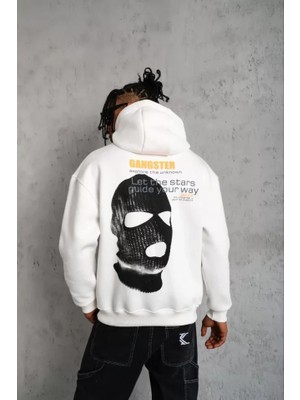 Erkek Kordonlu Maske Baskılı Kapüşonlu Sweat - Beyaz