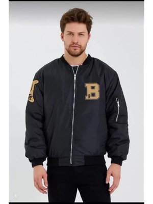 Unisex Uzun Kol Baskılı Bomber Ceket - Siyah