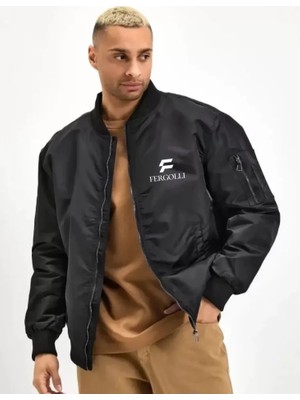 Unisex Uzun Kol Baskılı Bomber Ceket - Siyah